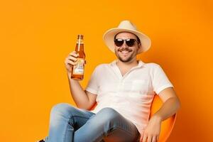 ai generiert ein Mann mit Bär Flasche Sitzung auf das Stuhl Orange Hintergrund Sommer- Ferien Konzept foto