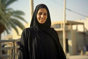 ai generiert Porträt von ein schön Muslim Frau tragen Hijab posieren draußen generativ ai foto
