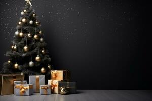 ai generiert schön Nahansicht von ein Weihnachten Baum hängend Ornamente auf es mit Geschenke foto