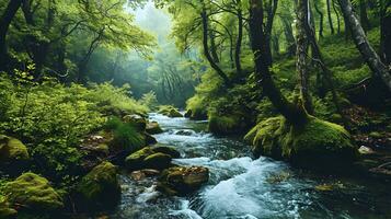 ai generiert Mystiker Fluss fließen durch verzaubert Wald foto