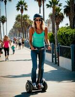 ai generiert Foto von schön Frau mit Sonnenbrille und Helm Reiten Segway Roller beim Sand Strand Stadt Straße, generativ ai