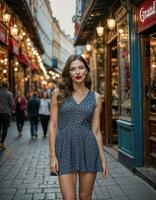 ai generiert Foto von schön Frau mit drucken ärmellos Kleid und groß rot Lippen und Blau Augen beim Europa Straße, generativ ai