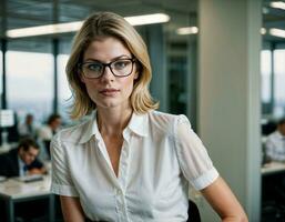 ai generiert Foto von schön Frau mit blond Haar und Weiß Hemd oben und Brille wie ein Büro Sekretär Stehen beim das Büro, generativ ai