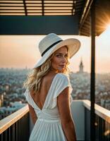 ai generiert Foto von schön Frau mit Weiß Baumwolle Kleid und Sonne Hut und blond Haar beim Dach Bewohner, generativ ai