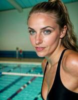 ai generiert Foto von schön Frau wie ein Schwimmer Athlet mit Schwimmen passen beim Schwimmen Schwimmbad, generativ ai