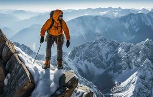 ai generiert erreichen Neu Höhen - - Kletterer Sieg auf schneebedeckt Gipfel foto