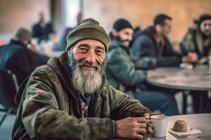 ai generiert Essenszeit Einheit - - obdachlos Gemeinschaft beim ein Kantine foto