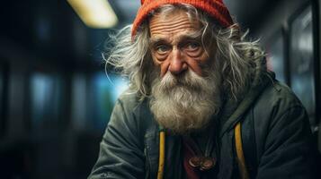 ai generiert U-Bahn Einsamkeit - - ein Blick in Altern Obdachlosigkeit foto