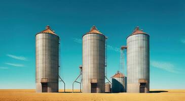 ai generiert Ernte Nabe - - landwirtschaftlich Silos im Weizen Feld Panorama foto