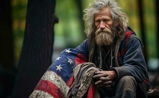 ai generiert Verzweiflung inmitten Natur - - obdachlos Alten und das amerikanisch Flagge foto