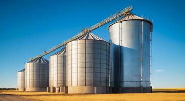 ai generiert landwirtschaftlich Infrastruktur - - Silos inmitten Weizen Landschaft foto