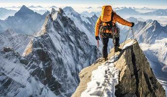 ai generiert Gipfel Triumph - - ausgestattet Bergsteiger erobert schneebedeckt Spitzen foto