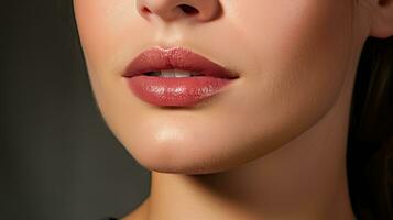 ai generiert feminin Charme enthüllt - - Werbung Schönheit mit Modells Lippen foto
