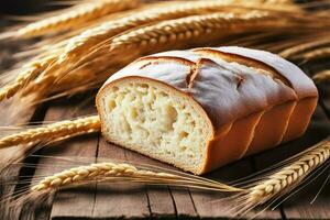 ai generiert frisch hausgemacht ganze Korn Weizen Brot auf ein hölzern Tabelle und Ohren von Weizen. foto