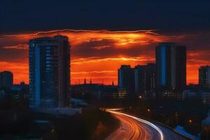 ai generiert Aussicht von das Abend Stadt gegen das Hintergrund von ein schön Himmel beim Sonnenuntergang. schön Stadtbild von Nacht Beleuchtung von Häuser und Straßen. foto