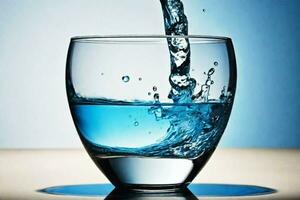 ai generiert ein transparent schön Strom von Wasser schön gießt in ein Glas auf ein Blau Hintergrund. frisch Trinken Wasser. foto