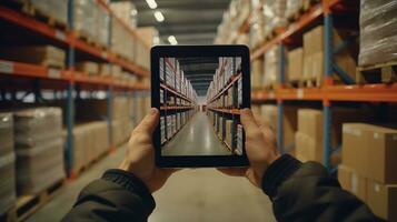 Hände von Ingenieur mit ein Tablette im ein Logistik Center foto