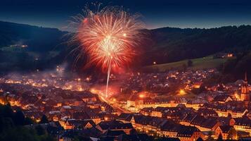 Feuerwerk Über das alt Stadt, Dorf foto