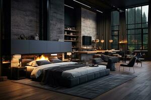 ai generiert 3d gerendert minimal Stil modern Schlafzimmer Innere Design mit Bett und Kamin foto