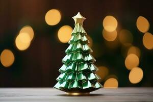 ai generiert klein Weihnachten Hintergrund mit dekorativ Tanne Baum auf verschwommen Hintergrund mit Bokeh foto