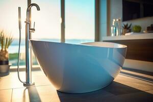 ein freistehend Badewanne mit sauber Linien und ein poliert Chrom Wasserhahn generativ ai foto
