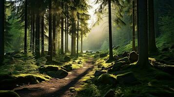 Aussicht von ein Wald mit Sonnenlicht leuchtenden durch das Bäume foto