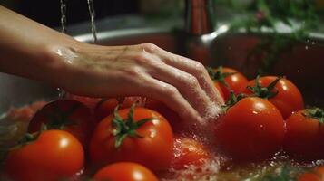 Frau Waschen Tomaten im Küche Waschbecken. Nahansicht von weiblich Hände Waschen frisch Tomaten foto