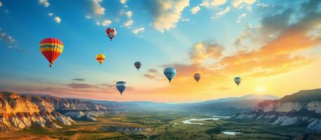 ai generiert bunt heiß Luft Luftballons fliegend Über Berg foto