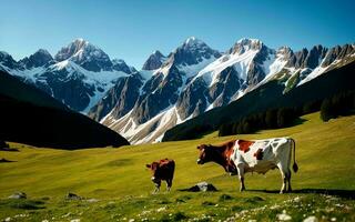 ai generiert österreichisch alpin Pracht idyllisch Weiden lassen im Tirols Wiese ai generiert foto