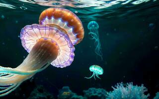 ai generiert beleuchtet Tiefe ein fantastisch Reise in das glühend Reiche von unter Wasser Fantasie ai generiert foto