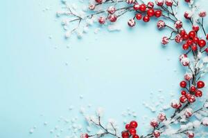 ai generiert Weihnachten Komposition von Tanne Baum Geäst mit Kugeln auf Licht Blau Hintergrund foto