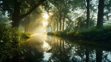 ai generiert Morgen Licht reflektieren auf ein still Wald Fluss foto