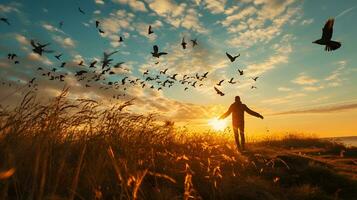 ai generiert Umarmen Freiheit beim Sonnenaufgang mit hochfliegend Vögel foto