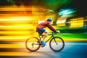 ai generiert Berg Fahrrad Radfahrer Reiten Single Schiene. neural Netzwerk ai generiert foto