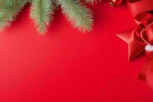 ai generiert rot Hintergrund. fröhlich Weihnachten und Neu Jahr Banner mit Kopieren Raum. Profi Foto