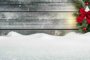ai generiert Weihnachten hölzern Hintergrund mit Schnee. fröhlich Weihnachten und Neu Jahr Banner mit Kopieren Raum. Profi Foto