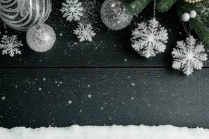 ai generiert Weihnachten hölzern Hintergrund mit Schnee. fröhlich Weihnachten und Neu Jahr Banner mit Kopieren Raum. Profi Foto