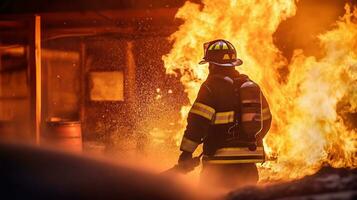 ai generiert Feuerwehrmann funktioniert im Verbrennung Gebäude Feuerwehrmann auf Flamme Hintergrund generativ ai foto