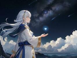 ai generiert Anime Charakter mit sternenklar Himmel und himmlisch Star visuell Roman Hintergrund foto