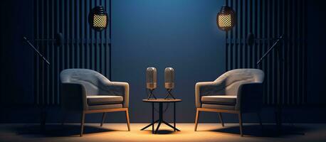 ai generiert zwei Stühle und Mikrofone im Podcast foto