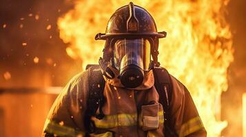 ai generiert Feuerwehrmann funktioniert im Verbrennung Gebäude Feuerwehrmann auf Flamme Hintergrund generativ ai foto