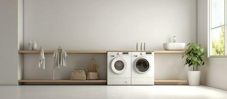 ai generiert Weiß verschwommen Zuhause Wäsche Zimmer mit modern Waschen Maschine foto