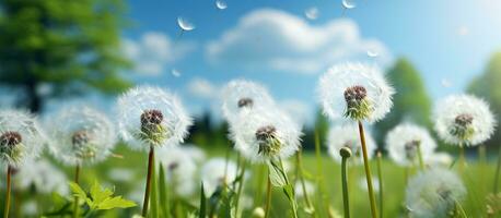 ai generiert Weiß flauschige Löwenzahn, natürlich Grün verschwommen Frühling Hintergrund foto