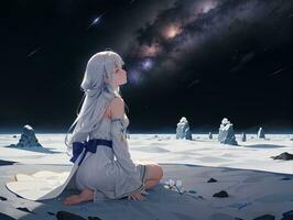 ai generiert Anime Charakter mit sternenklar Himmel und himmlisch Star visuell Roman Hintergrund foto