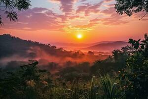 ai generiert neblig Berg Sonnenaufgang, still Schönheit foto