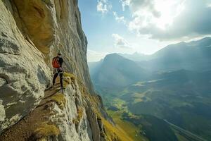 ai generiert sonnendurchflutet Berg Wanderung abenteuerlich Bergsteiger foto