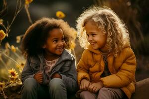 ai generiert Herbst Freude, lockig behaart Mädchen Verbindung draußen foto