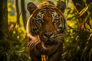 ai generiert majestätisch Tiger lauern im golden Urwald foto
