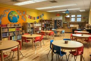 ai generiert beschwingt Schule Bibliothek mit global Wandgemälde foto