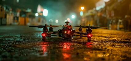 ai generiert Nacht Drohne Überwachung auf regnerisch Straßen foto